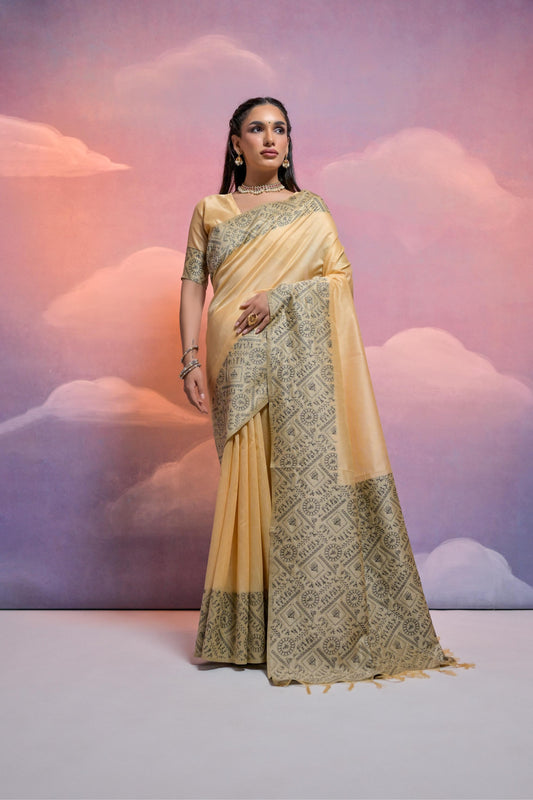 Cream Bangalore Handloom Raw Silk Saree For Women