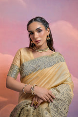 Cream Bangalore Handloom Raw Silk Saree For Women