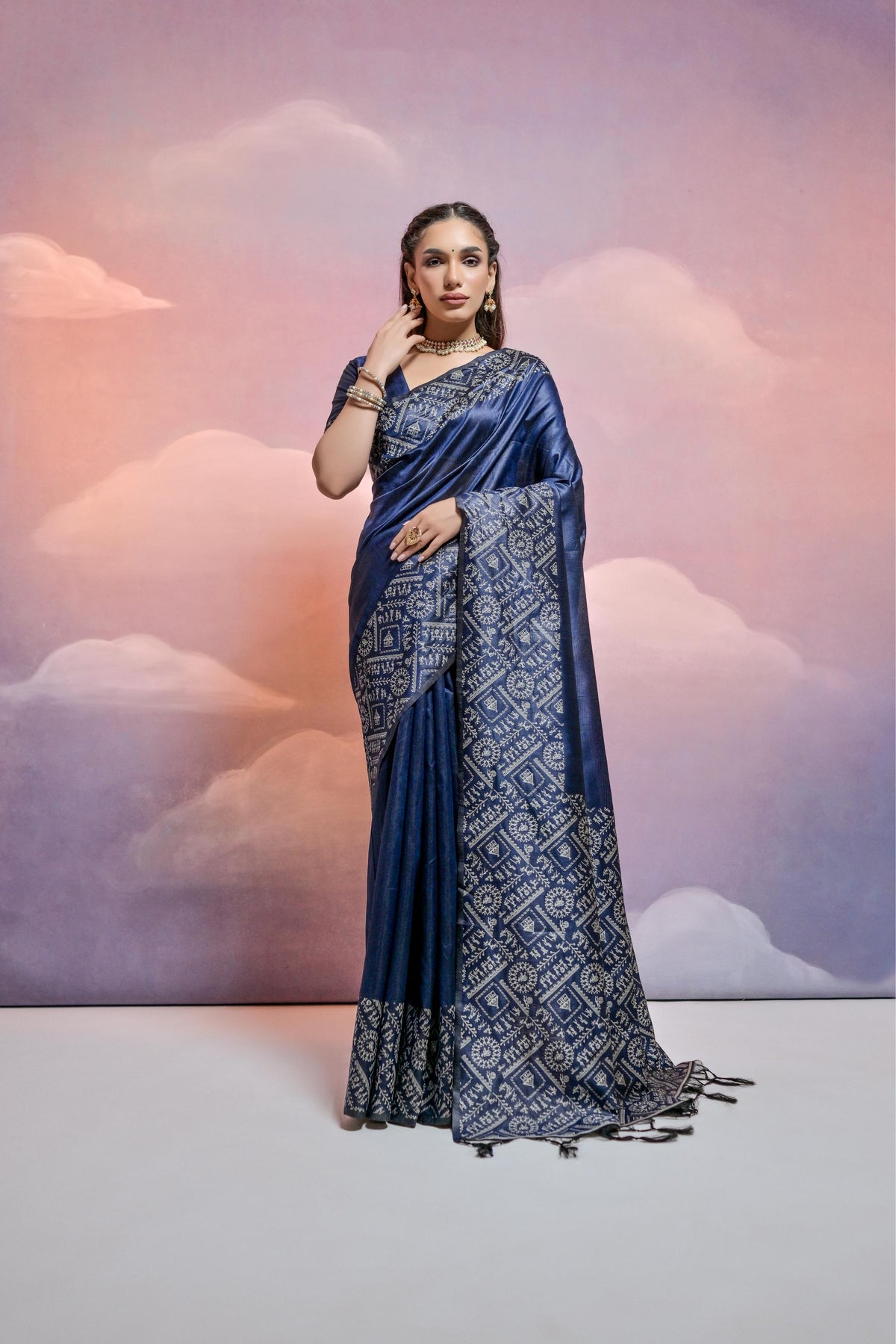 Navy Blue Bangalore Handloom Raw Silk Saree For Women