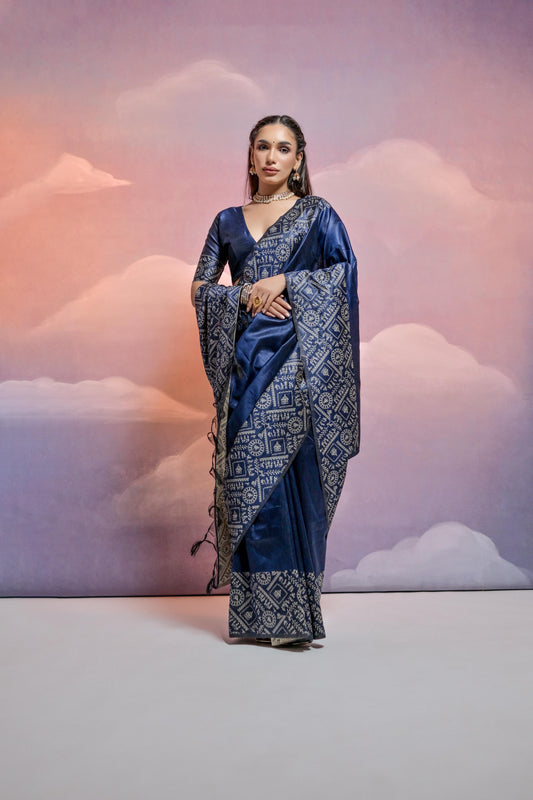 Navy Blue Bangalore Handloom Raw Silk Saree For Women