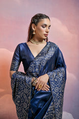 Navy Blue Bangalore Handloom Raw Silk Saree For Women