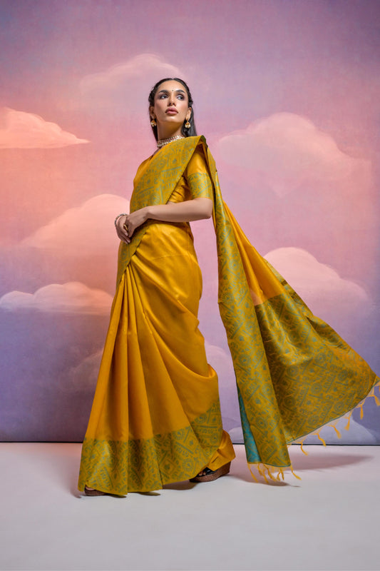 Yellow Bangalore Handloom Raw Silk Saree For Women