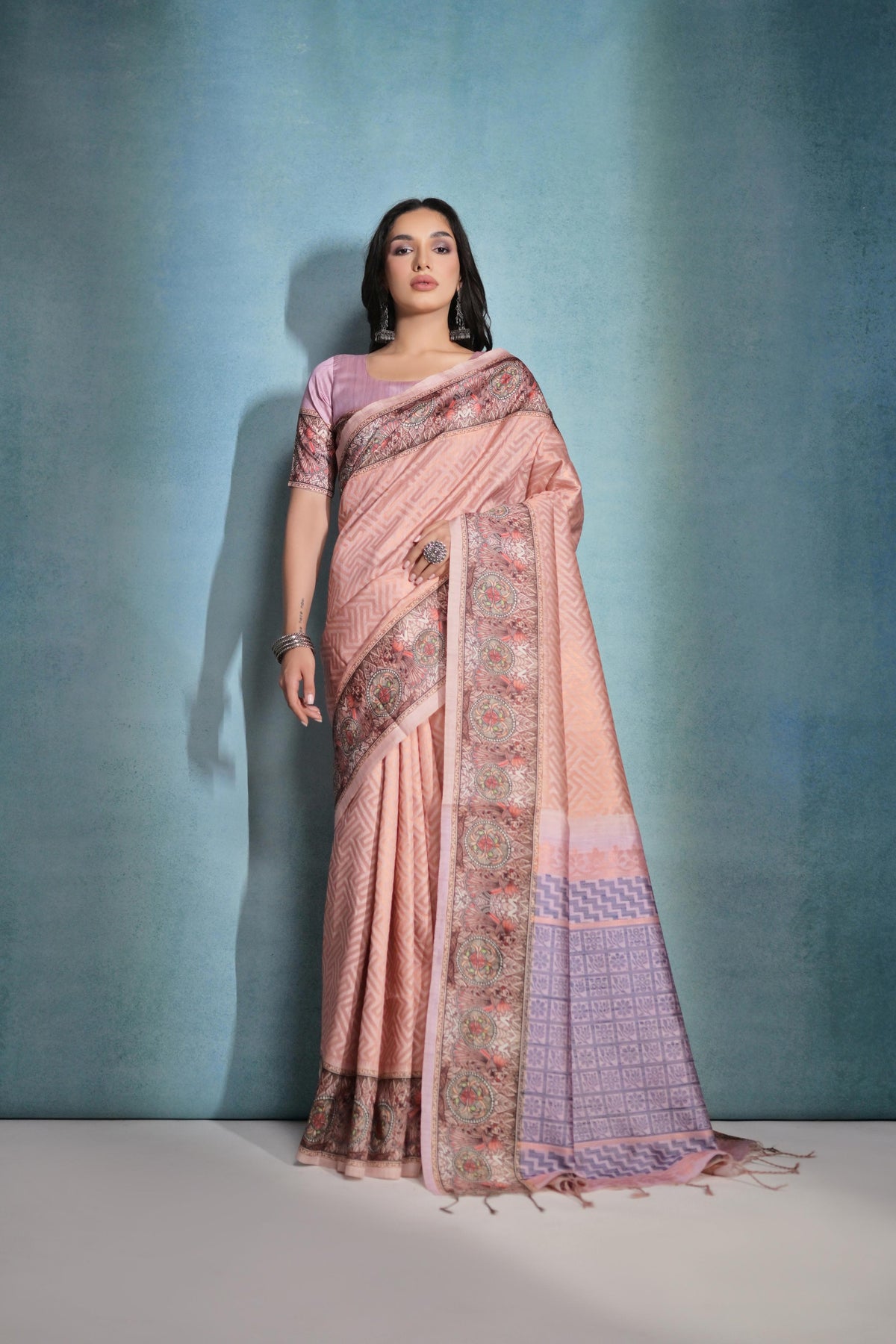 Peach Cotton Silk Saree with Flower Checks