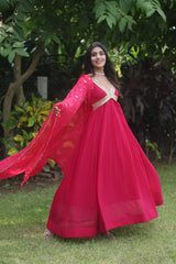 Pink Color Premium Readymade Alia Cut Gown with Dupatta - Faux Blooming Fabric & Zari Sequins Embroidery.