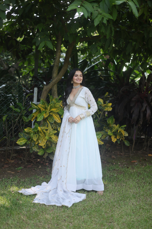 White Color Premium Readymade Alia Cut Gown with Dupatta - Faux Blooming Fabric & Zari Sequins Embroidery.