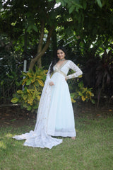 White Color Premium Readymade Alia Cut Gown with Dupatta - Faux Blooming Fabric & Zari Sequins Embroidery.