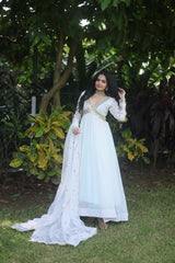 White Color Premium Readymade Alia Cut Gown with Dupatta - Faux Blooming Fabric & Zari Sequins Embroidery.