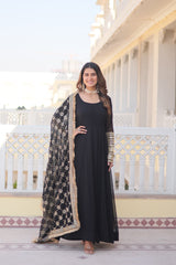 Faux Blooming Black Color Gown with Dupatta - Multi-Sequins Embroidery & Intricate Lace Border Design.