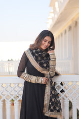 Faux Blooming Black Color Gown with Dupatta - Multi-Sequins Embroidery & Intricate Lace Border Design.