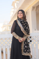 Faux Blooming Black Color Gown with Dupatta - Multi-Sequins Embroidery & Intricate Lace Border Design.