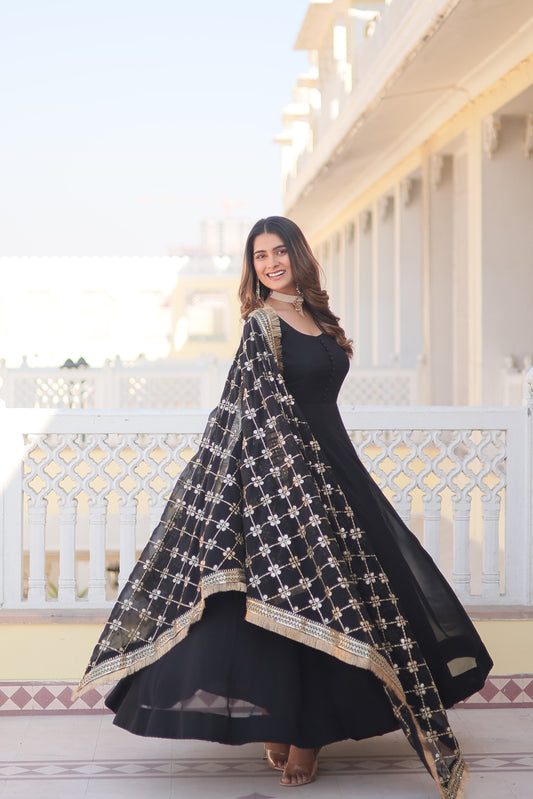 Faux Blooming Black Color Gown with Dupatta - Multi-Sequins Embroidery & Intricate Lace Border Design.