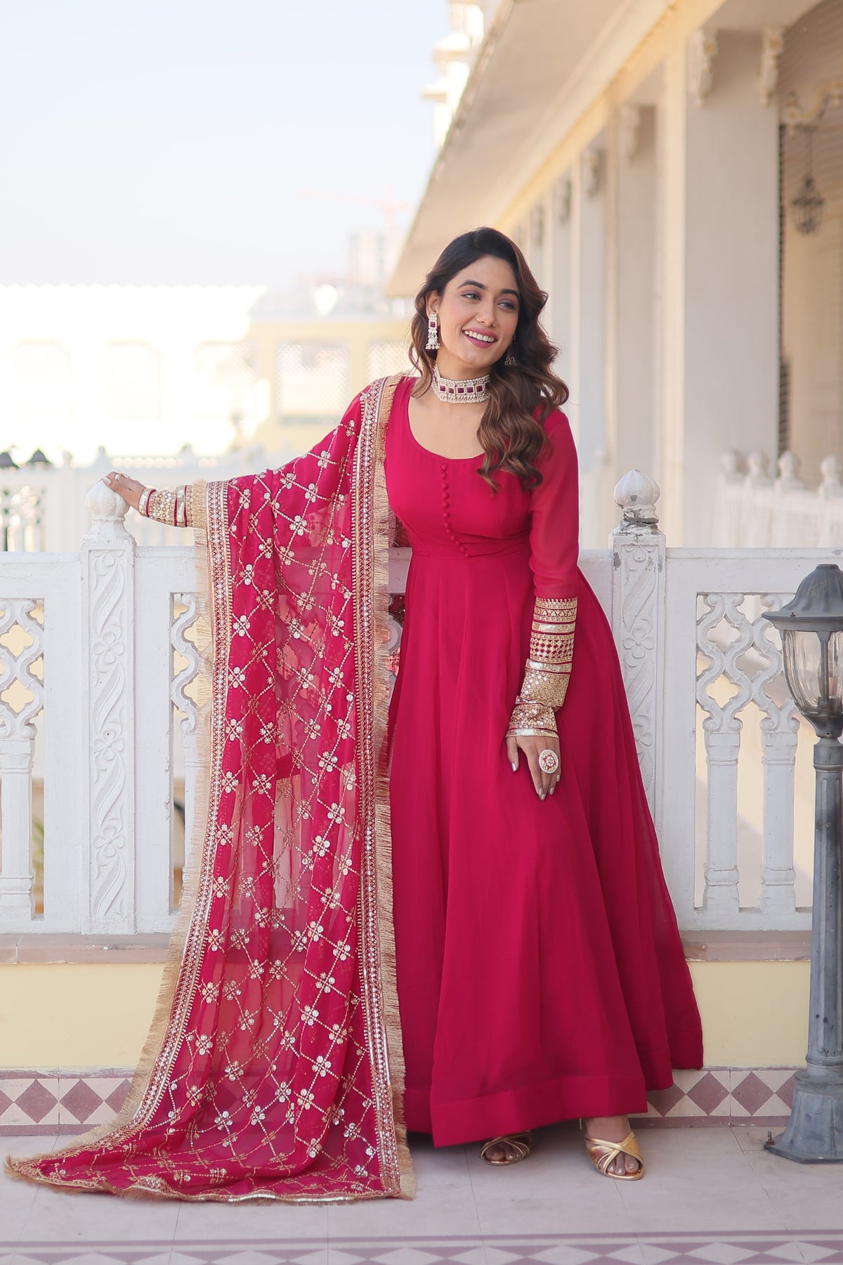 Faux Blooming Pink Color Gown with Dupatta - Multi-Sequins Embroidery & Intricate Lace Border Design.