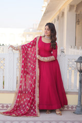 Faux Blooming Pink Color Gown with Dupatta - Multi-Sequins Embroidery & Intricate Lace Border Design.