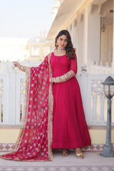 Faux Blooming Pink Color Gown with Dupatta - Multi-Sequins Embroidery & Intricate Lace Border Design.