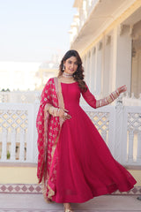 Faux Blooming Pink Color Gown with Dupatta - Multi-Sequins Embroidery & Intricate Lace Border Design.