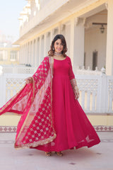 Faux Blooming Pink Color Gown with Dupatta - Multi-Sequins Embroidery & Intricate Lace Border Design.