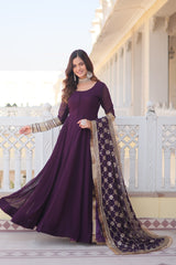 Faux Blooming Wine Color Gown with Dupatta - Multi-Sequins Embroidery & Intricate Lace Border Design.