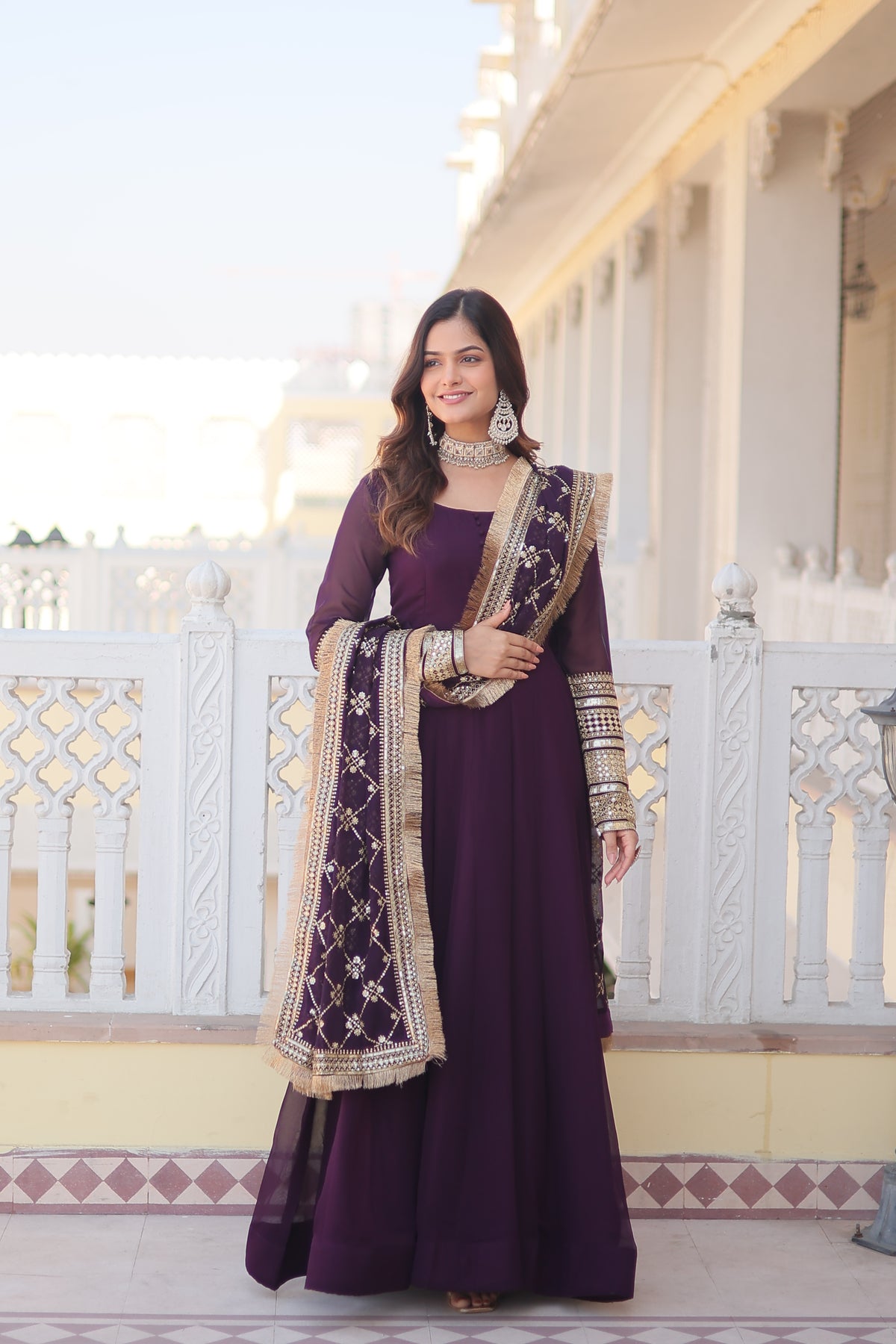 Faux Blooming Wine Color Gown with Dupatta - Multi-Sequins Embroidery & Intricate Lace Border Design.