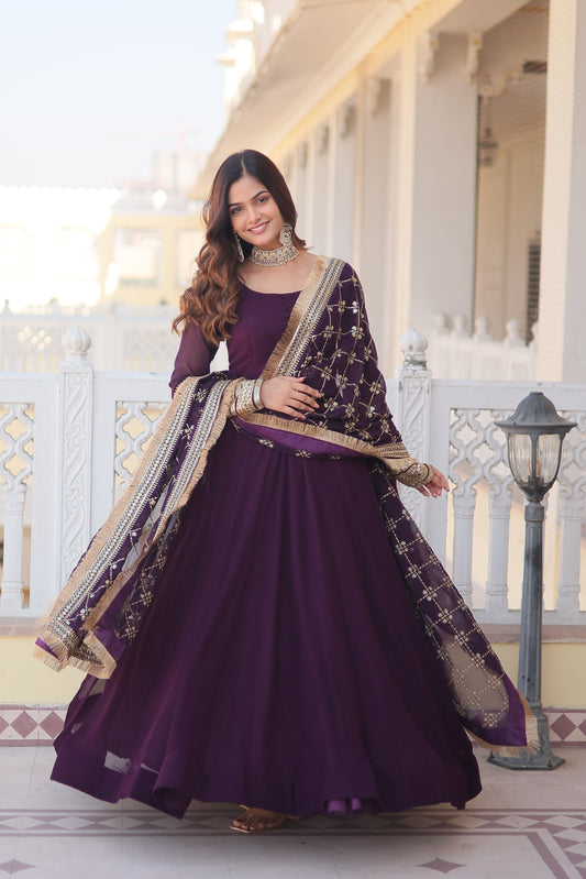 Faux Blooming Wine Color Gown with Dupatta - Multi-Sequins Embroidery & Intricate Lace Border Design.