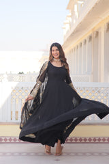 Faux Blooming Black Color Gown with Dupatta - Multi-Sequins Embroidery & Intricate Lace Border Design.