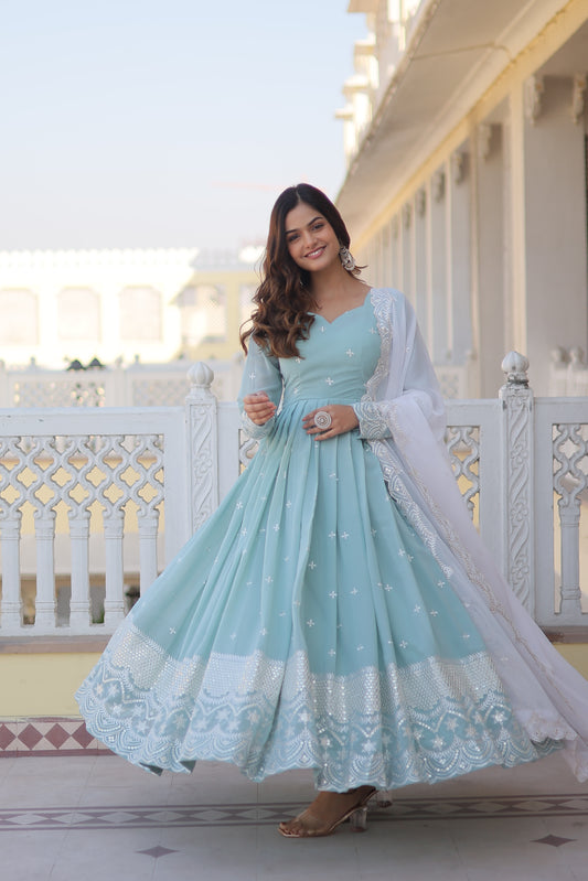 Elegant Sky Designer Gown - Faux Georgette with Intricate Thread & Sequins Embroidery for Women.