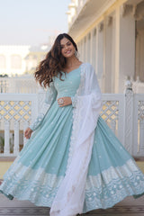 Elegant Sky Designer Gown - Faux Georgette with Intricate Thread & Sequins Embroidery for Women.