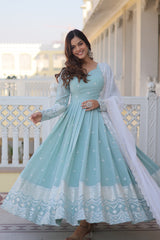 Elegant Sky Designer Gown - Faux Georgette with Intricate Thread & Sequins Embroidery for Women.