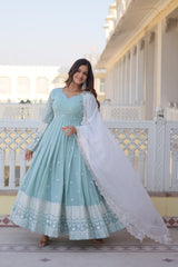 Elegant Sky Designer Gown - Faux Georgette with Intricate Thread & Sequins Embroidery for Women.