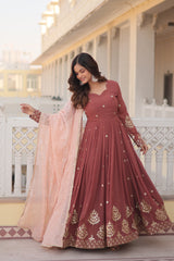 Premium Light Red  Designer Gown - Faux Georgette with Zari Thread & Sequins Embroidery for Women.