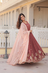 Premium Light Red  Designer Gown - Faux Georgette with Zari Thread & Sequins Embroidery for Women.