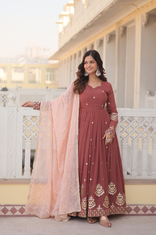 Premium Light Red  Designer Gown - Faux Georgette with Zari Thread & Sequins Embroidery for Women.