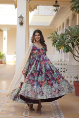 Exquisite Wine Color Designer Gown - Digital Printed Russian Silk with Zari & Sequins Embroidery.