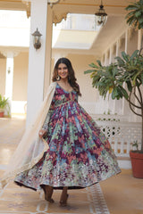 Exquisite Wine Color Designer Gown - Digital Printed Russian Silk with Zari & Sequins Embroidery.