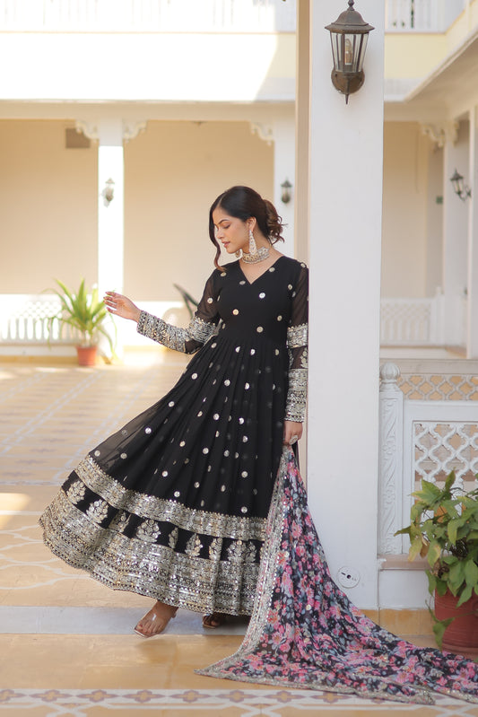 Elegant Black Color Premium Designer Gown - Faux Georgette Fabric with Intricate Zari Sequins Embroidery.