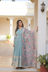 Elegant Sky Color Premium Designer Gown - Faux Georgette Fabric with Intricate Zari Sequins Embroidery.