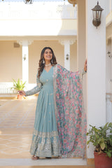 Elegant Sky Color Premium Designer Gown - Faux Georgette Fabric with Intricate Zari Sequins Embroidery.