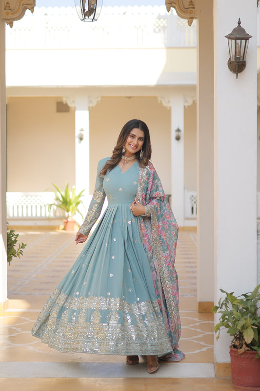 Elegant Sky Color Premium Designer Gown - Faux Georgette Fabric with Intricate Zari Sequins Embroidery.