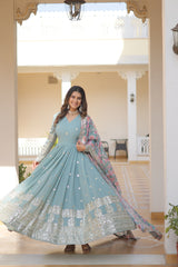 Elegant Sky Color Premium Designer Gown - Faux Georgette Fabric with Intricate Zari Sequins Embroidery.