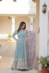 Elegant Sky Color Premium Designer Gown - Faux Georgette Fabric with Intricate Zari Sequins Embroidery.