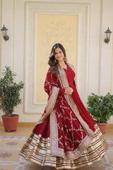 Luxurious Readymade Red Gown with Dupatta - Faux Blooming Fabric and Zari Sequins Embroidery.