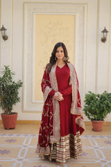 Luxurious Readymade Red Gown with Dupatta - Faux Blooming Fabric and Zari Sequins Embroidery.