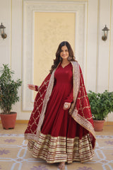 Luxurious Readymade Red Gown with Dupatta - Faux Blooming Fabric and Zari Sequins Embroidery.