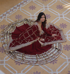 Luxurious Readymade Red Gown with Dupatta - Faux Blooming Fabric and Zari Sequins Embroidery.