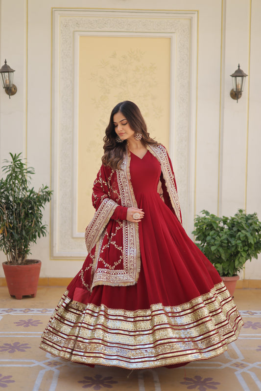 Luxurious Readymade Red Gown with Dupatta - Faux Blooming Fabric and Zari Sequins Embroidery.