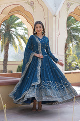 Elegant Readymade Rama Color Gown with Dupatta - Faux Georgette Fabric with Zari & Sequins Embroidery.