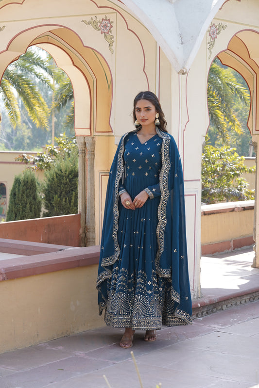 Elegant Readymade Rama Color Gown with Dupatta - Faux Georgette Fabric with Zari & Sequins Embroidery.