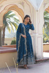 Elegant Readymade Rama Color Gown with Dupatta - Faux Georgette Fabric with Zari & Sequins Embroidery.