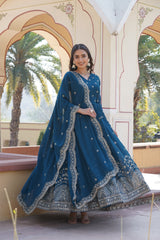 Elegant Readymade Rama Color Gown with Dupatta - Faux Georgette Fabric with Zari & Sequins Embroidery.