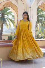 Elegant Readymade Yellow Gown with Dupatta - Faux Georgette Fabric with Zari & Sequins Embroidery.