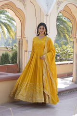 Elegant Readymade Yellow Gown with Dupatta - Faux Georgette Fabric with Zari & Sequins Embroidery.